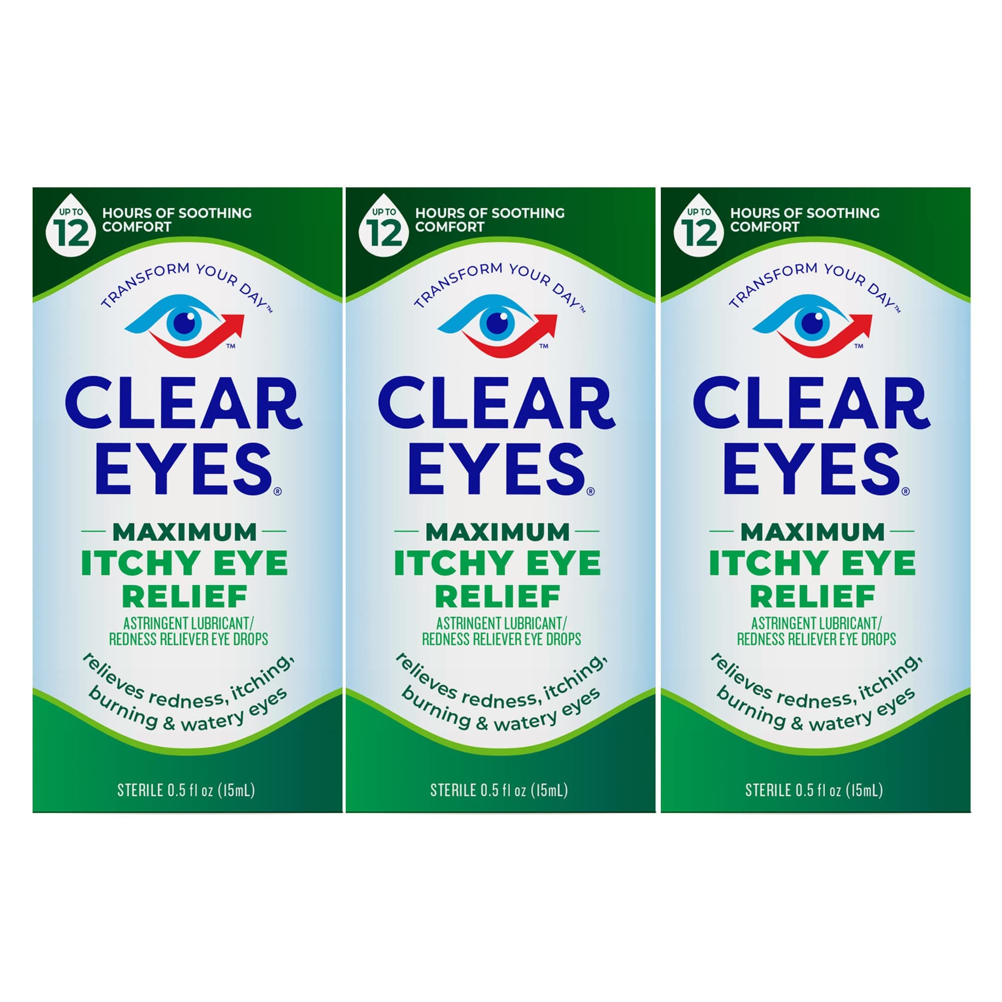 Clear Eyes Maximum Itchy Eye Relief Eye Drops, Eases Itching and Burning from Indoor & Outdoor Irritants, 0.5 fl oz, Pack of 3