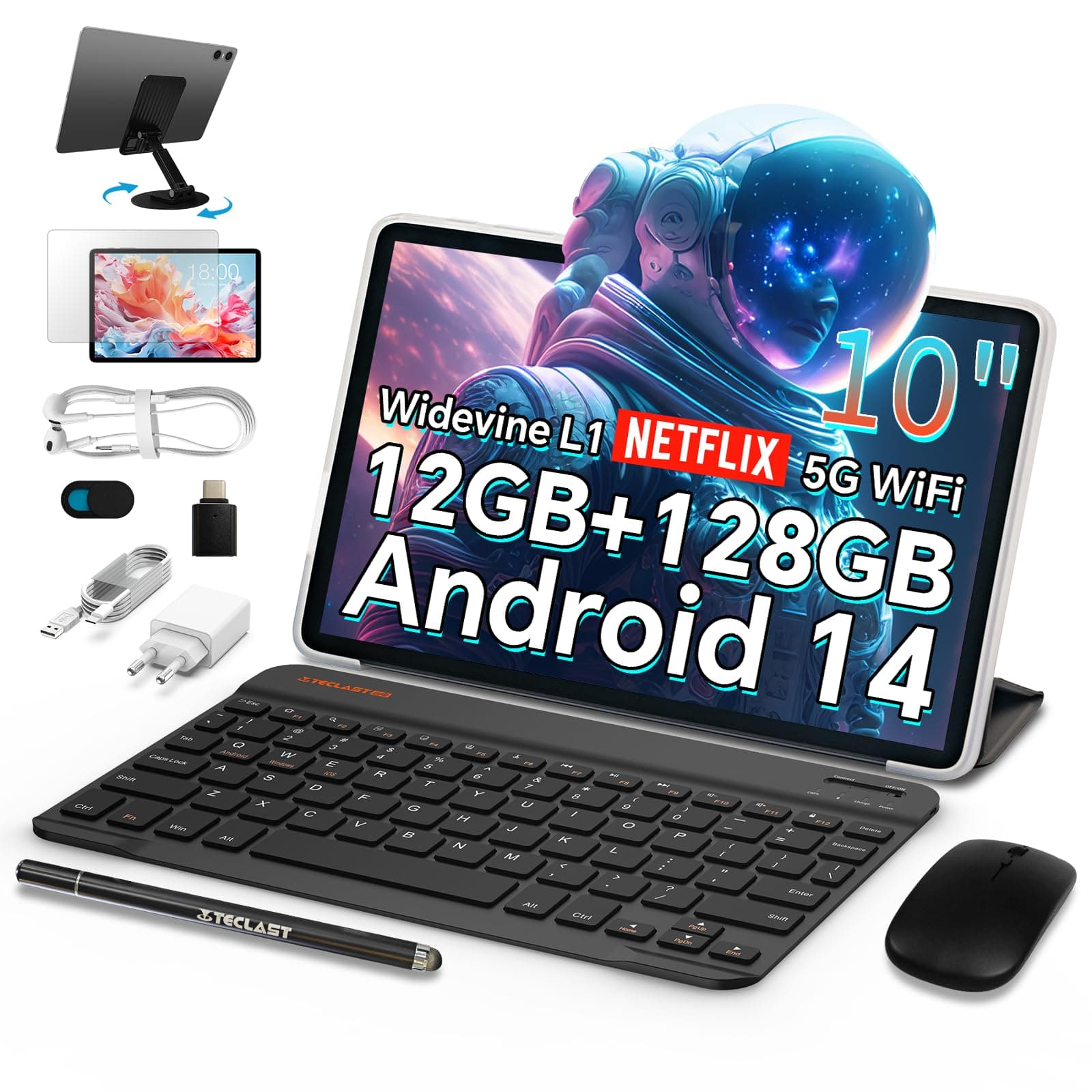 TECLASTAndroid Tablet with Keyboard, 10 inch Android 14, 10GB RAM 128GB ROM,1TB Expand, WiFi 6, Bluetooth 5.4, 6000mAh Battery, GPS, 2 in 1 Tablet with Keyboard, Mouse, Case, Stylus