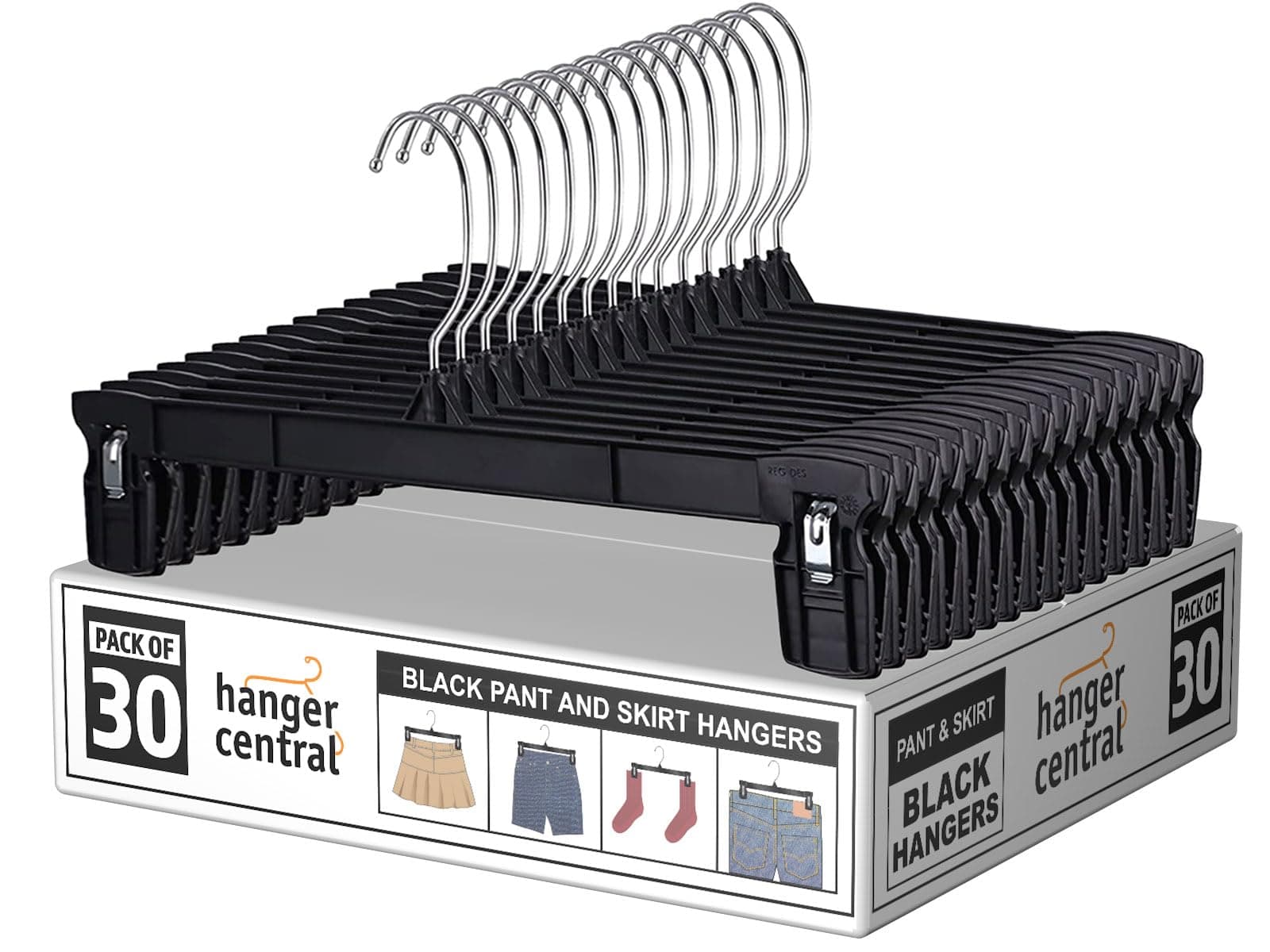 Hanger Central Space Saving 30 Pack, Heavy Duty Slim Plastic Pants Hangers, Ridged Non-Slip with Pinch Clips, 360-Rotating Chrome Swivel Hook, in Black, 10/12/14 Inch (12")