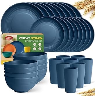 Teivio 32-Piece Kitchen Plastic Wheat Straw Dinnerware Set, Service for 8, Dinner Plates, Dessert Plate, Cereal Bowls, Cups, Unbreakable Colorful Plastic Outdoor Camping Dishes, Autumn Blue