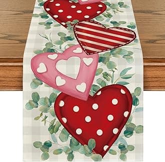 Artoid Mode Eucalyptus Polka Dot Hearts Valentine's Table Runner, HoliKitchen Dining Table Decoration for Home Party Indoor 13x72 Inch