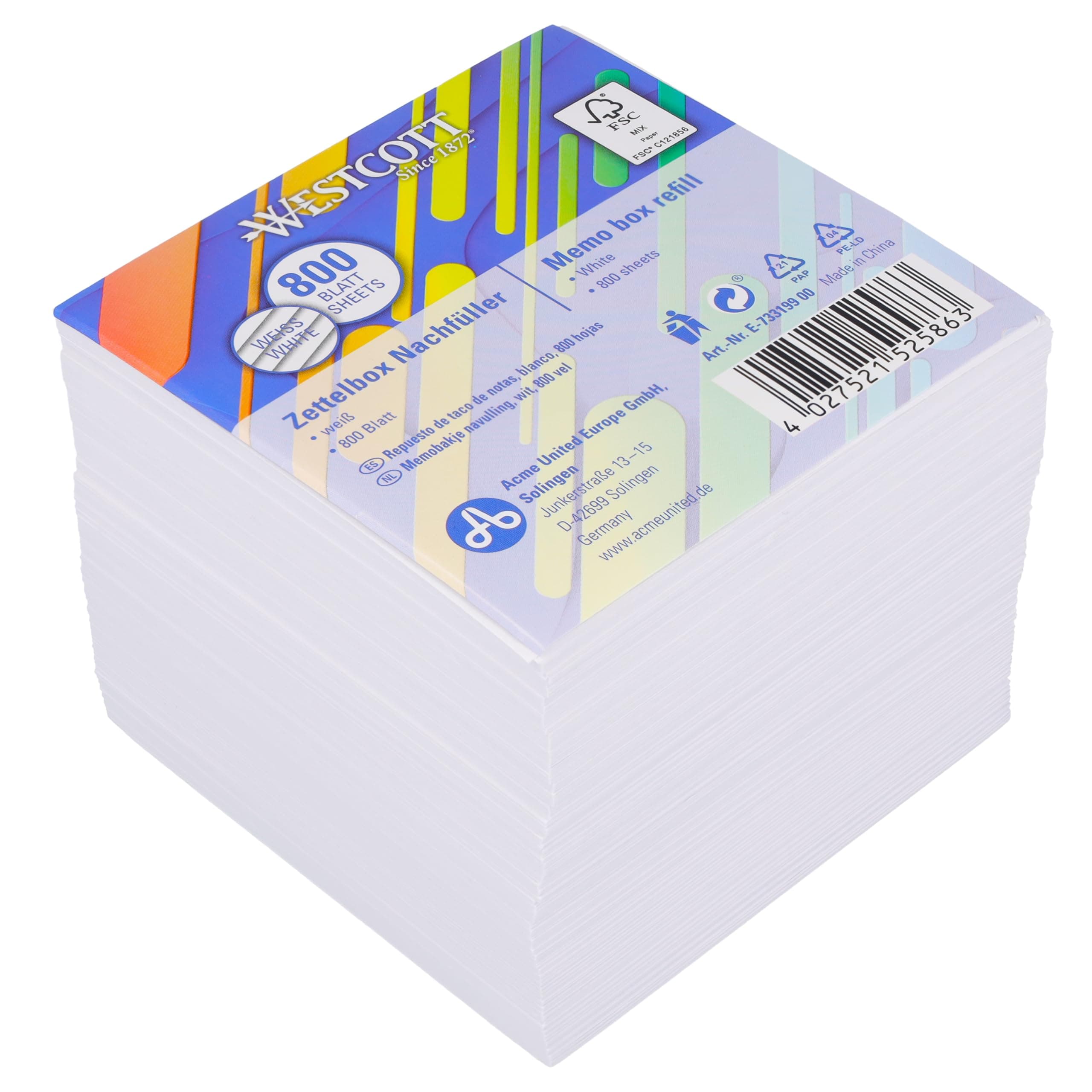 Westcott Note Block White 800 Sheets Refill Pack | memo Block with 9 x 9 cm Sheets in White | Refill Set for Dispenser Box | FSC-Certified Paper 80g/m² | E-733199 00