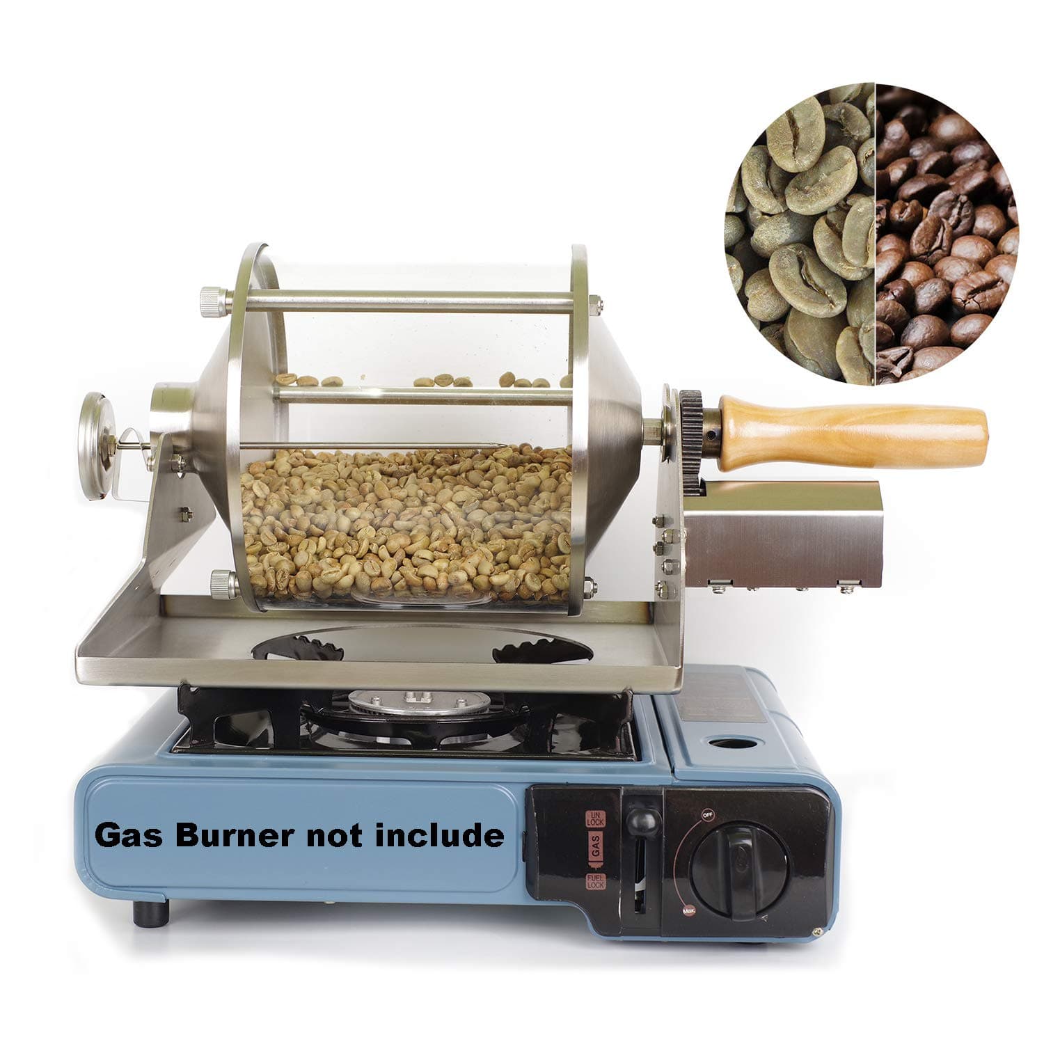 Coffee Roaster Gas Burner Coffee Roasting Machine for Home Use, 400g Capacity, Quartz Glass Drum, Stainless Steel Frame, Peanut and Nut Roaster