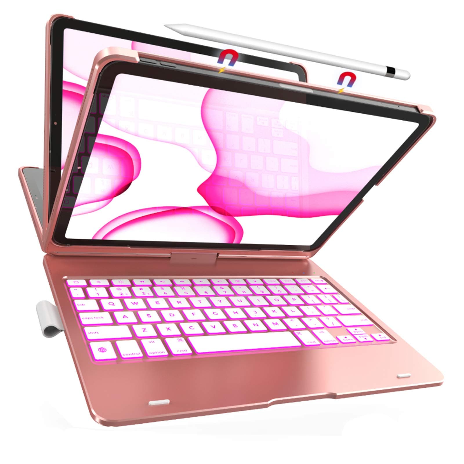 iPad Pro 11 2018 Keyboard Case 7-in-1 360° Rotatable Wireless Backlit Slim Protective Hard Cover Compatible with Apple Pencil and 2018 iPad Pro 11-inch 1st Generation Tablet (Rose Gold)