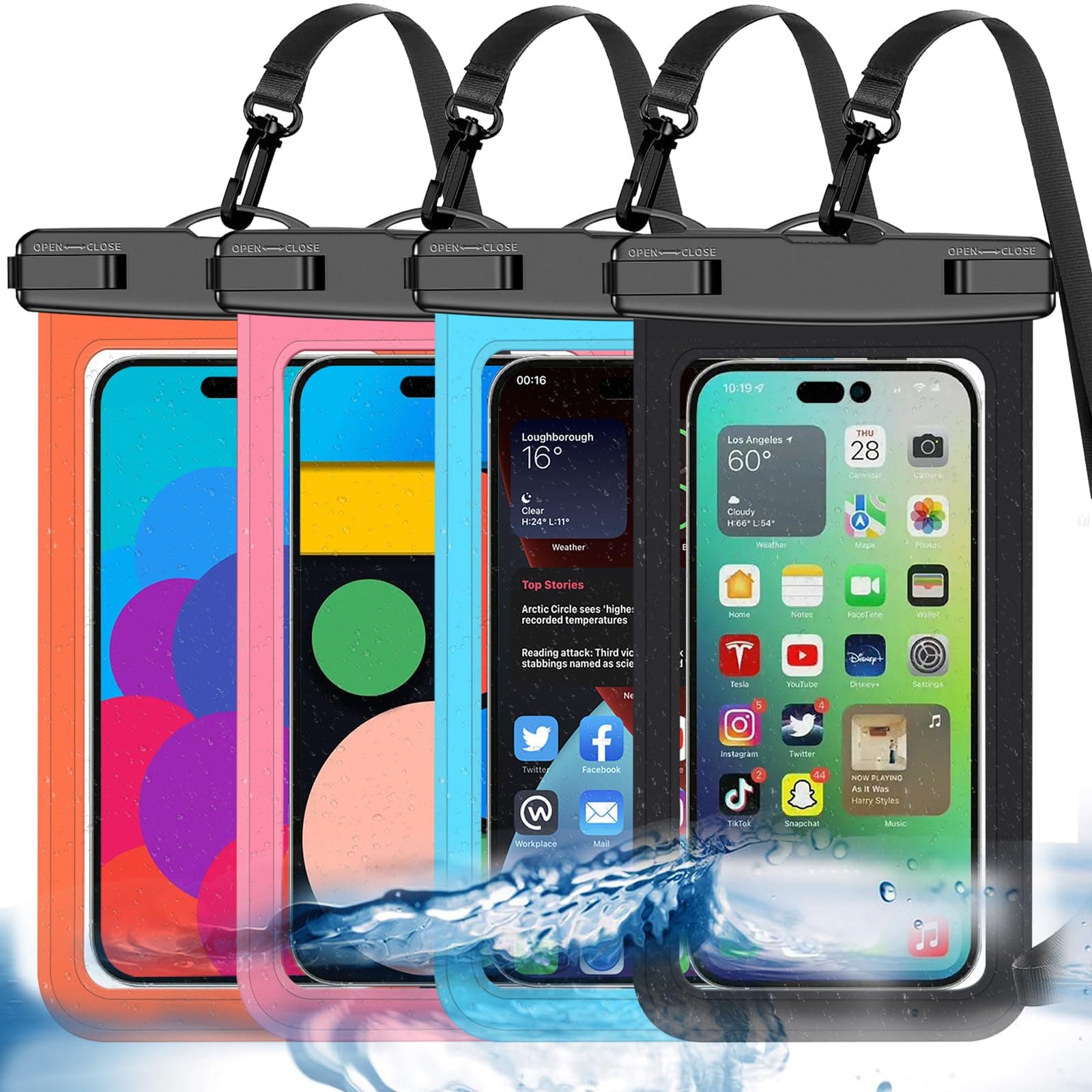 Up to 8.3" 4 Pack Multicolor Universal Waterproof Phone Pouch, Large Phone Waterproof Case Dry Bag,Protection Level: IP68,Outdoor Sports for Apple iPhone,Samsung,and More,Black,Blue,Pink,Orange
