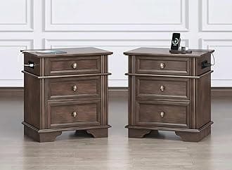 VINGLI Brown Nightstand Set of 2, Night Stand with Charger Station, Wood Nightstand with Textured Drawers, Large 3 Drawer Nightstands Bedroom, Bedside Table, Side Table
