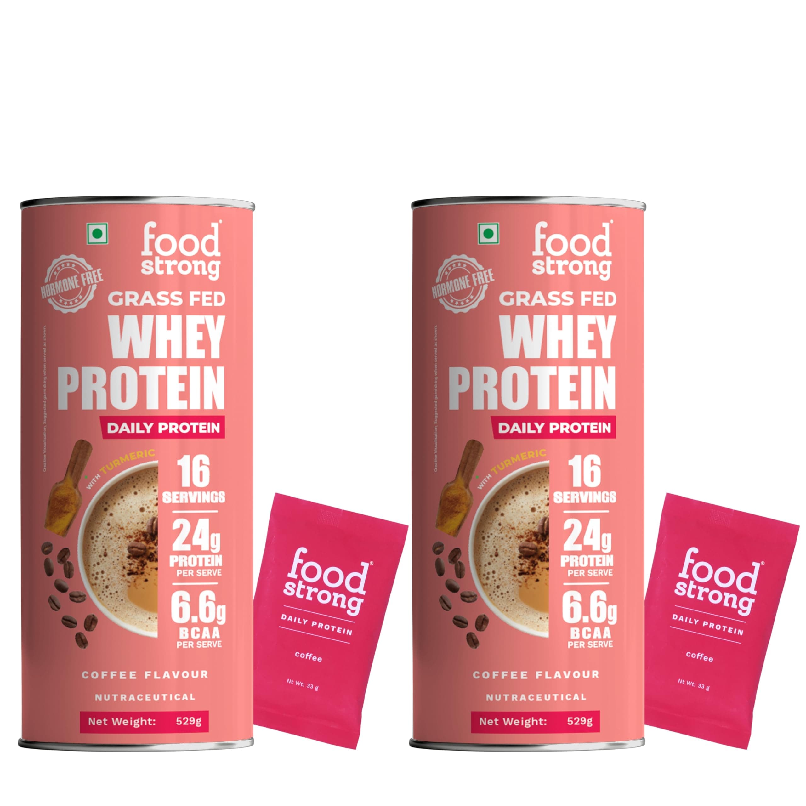 Whey Protein Powder (Concentrate + Isolate), 100% Hormone Free Grass-Fed Whey, 24G Protein & 6.6G BCAA, Coffee, With Turmeric & Digestive Enzymes, 16 Sachets, 560G (Pack Of 2)