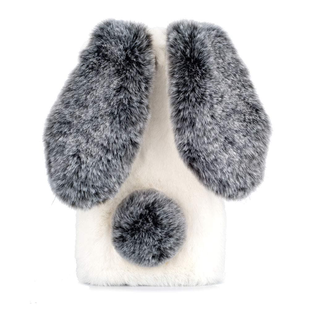 Cute Rabbit Case Plush Cover for iPhone XR Case Super Soft Warm Fluffy Furry Bunny Ears Shockproof Back Case Cover Chic Bling Crystal Diamond Bowknot Case -White gray