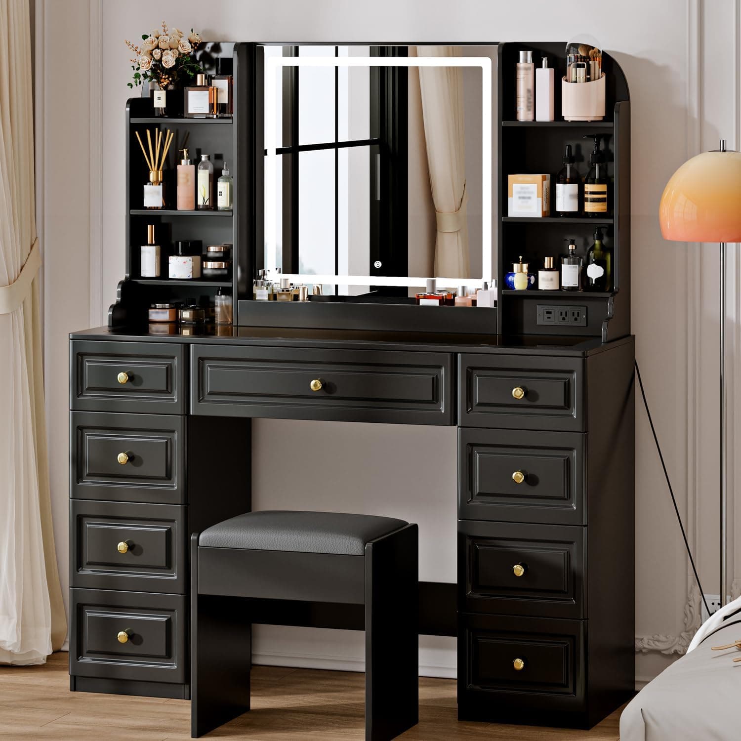 42" Makeup Vanity Desk with Mirror and Lights, & Power Outl, Glass Top Big Vanity Table with 9 Drawers& 8 Storage Shelves, Dressing Table Set with Chair for Bedroom, Black