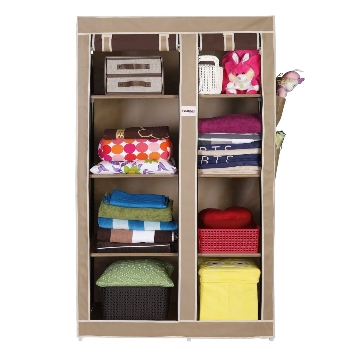 Multipurpose Cloth Storage Wardrobe Cupboard Closet with 8 Racks Foldable Double Door Design. (Beige, Brown)