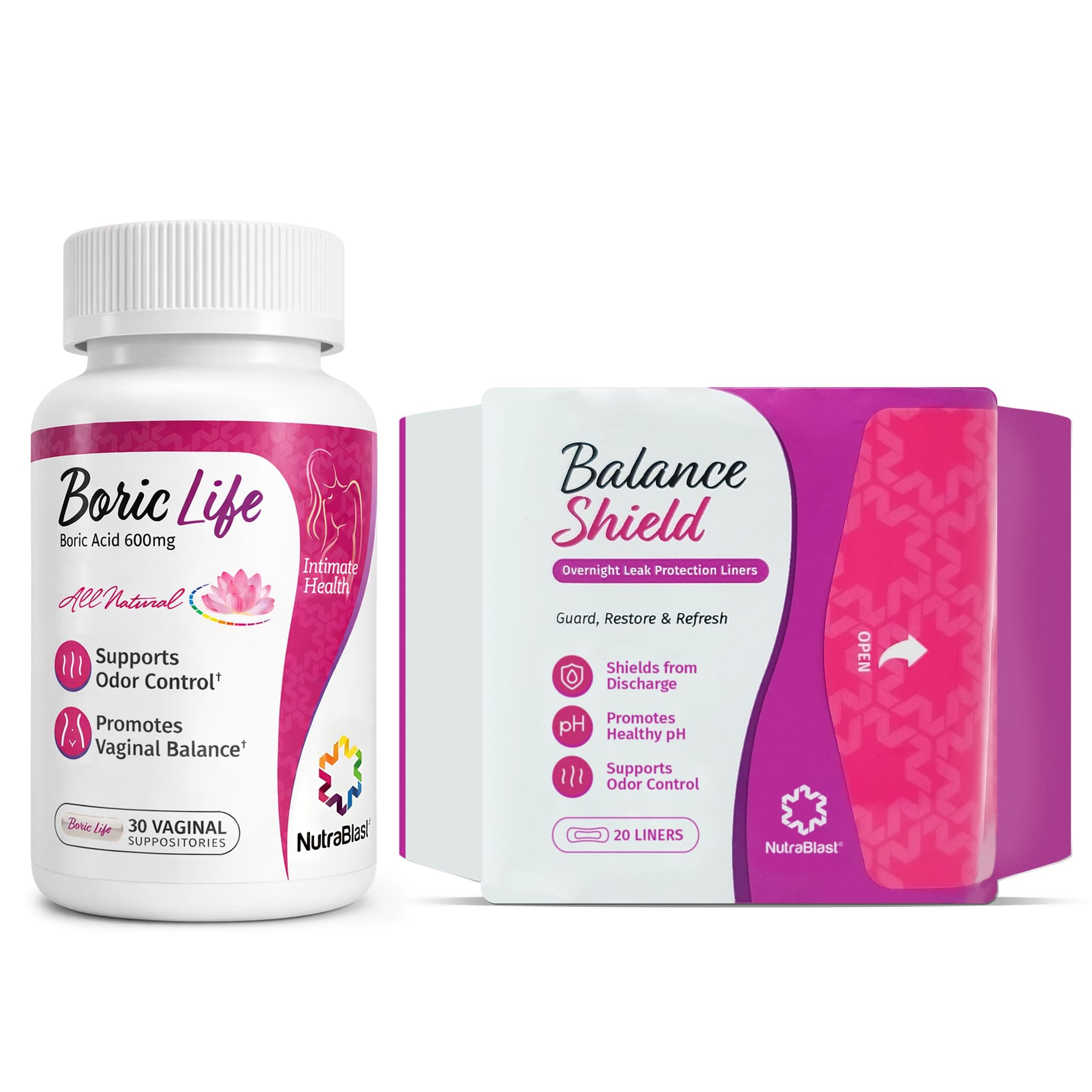 NutraBlast Boric Acid Suppositories 600mg (30 Count) Bundle with Balance Shield Panty Liners (180mm, 20-Pack) | Discharge & Odor-Proof Layers | Charcoal-Infused Bamboo Balancing Core