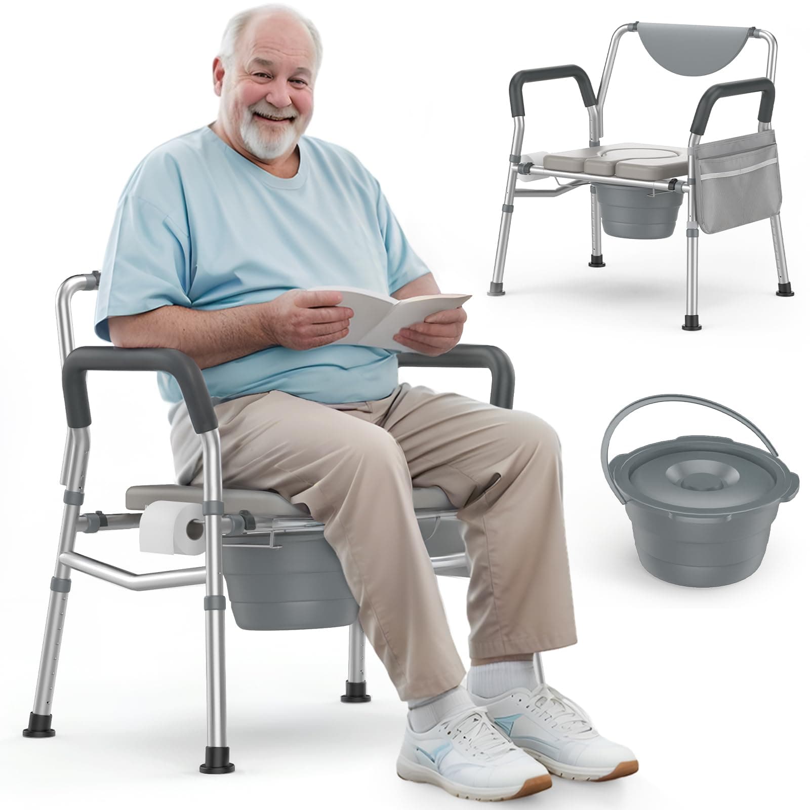 Heavy Duty Bariatric Commode, 4-in-1 Portable Bedside Commode or Over-Toilet Chair, Extra-Wide | Adjustable Height | Easy to Clean, Handicap Commode Chair for Eldery, Disabled People