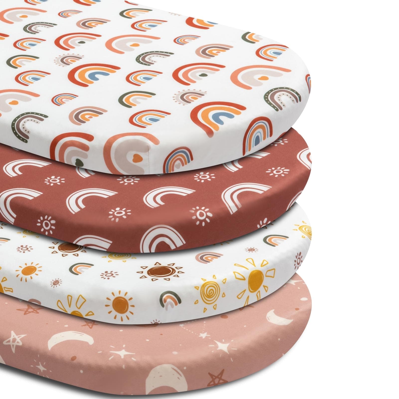 Jola's House 4 Pack Boho Bassinet Sheets - Sunshine & Rainbow Design - Neutral Unisex - Fitted Baby Bassinet Sheets