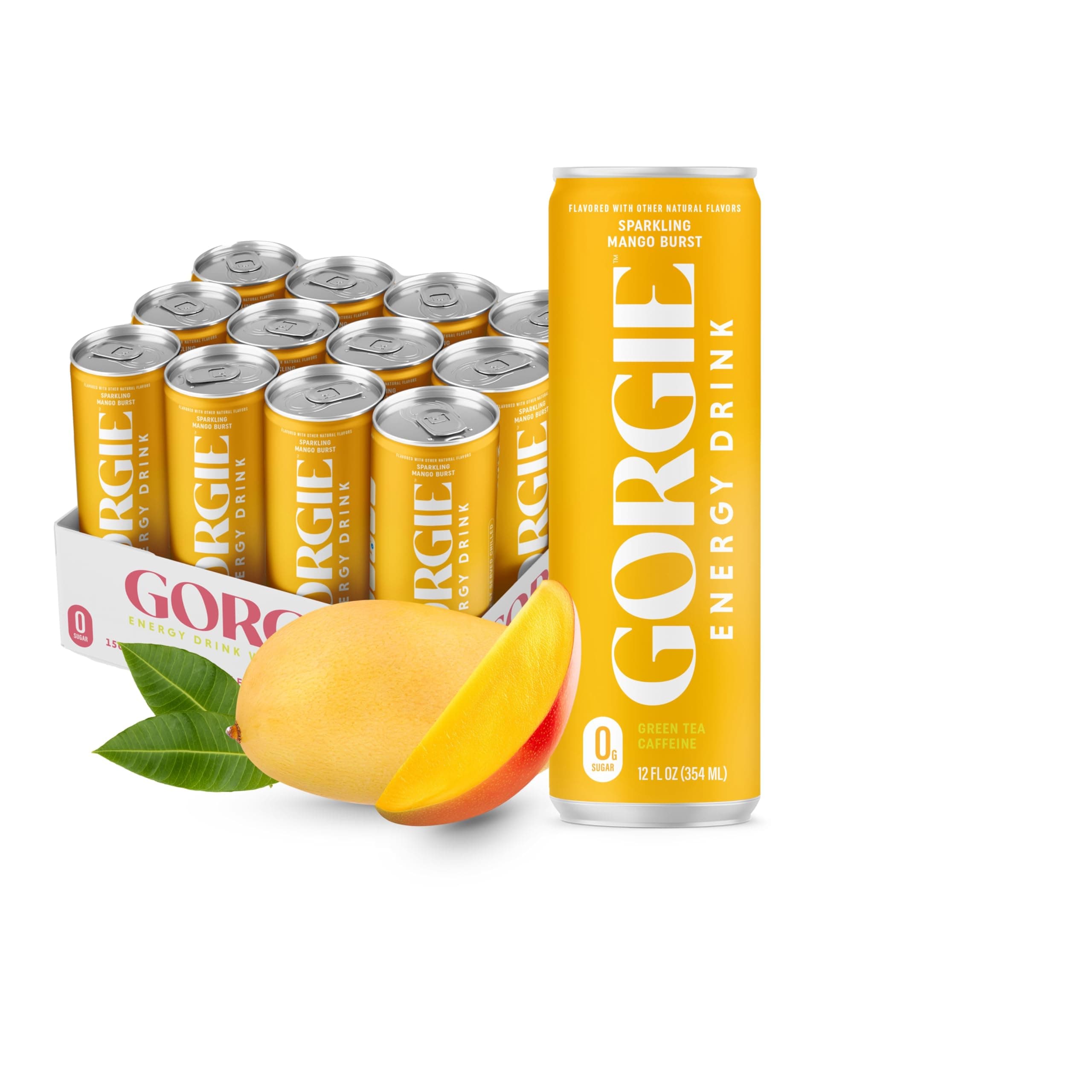GORGIE Sugar Free Natural Energy Drinks, Sparkling Mango Tango (12 Pack) - Healthy Energy Drinks - Natural Coffee Replacement with Green Tea Caffeine and Biotin - 150mg Caffeine, Vegan, & Low Calorie