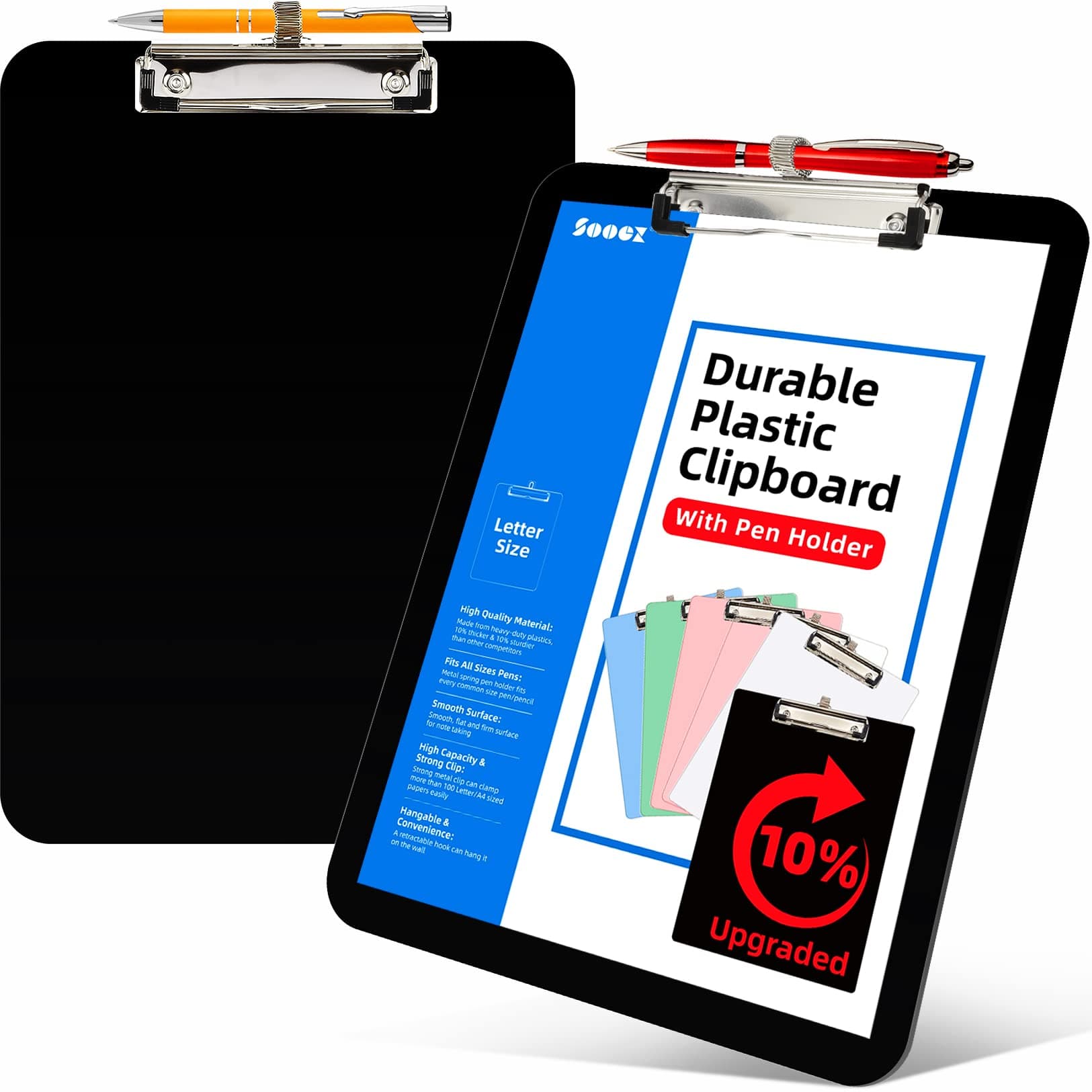 Sooez 2 Pack Plastic Clipboard with Pen Holder, [10% Thicker] Clip Boards 8.5x11 with Low Profile Clip, Cute Nursing Clipboards, Kids Clipboards for School & Drawing, Standard Letter Size/ A4, Black