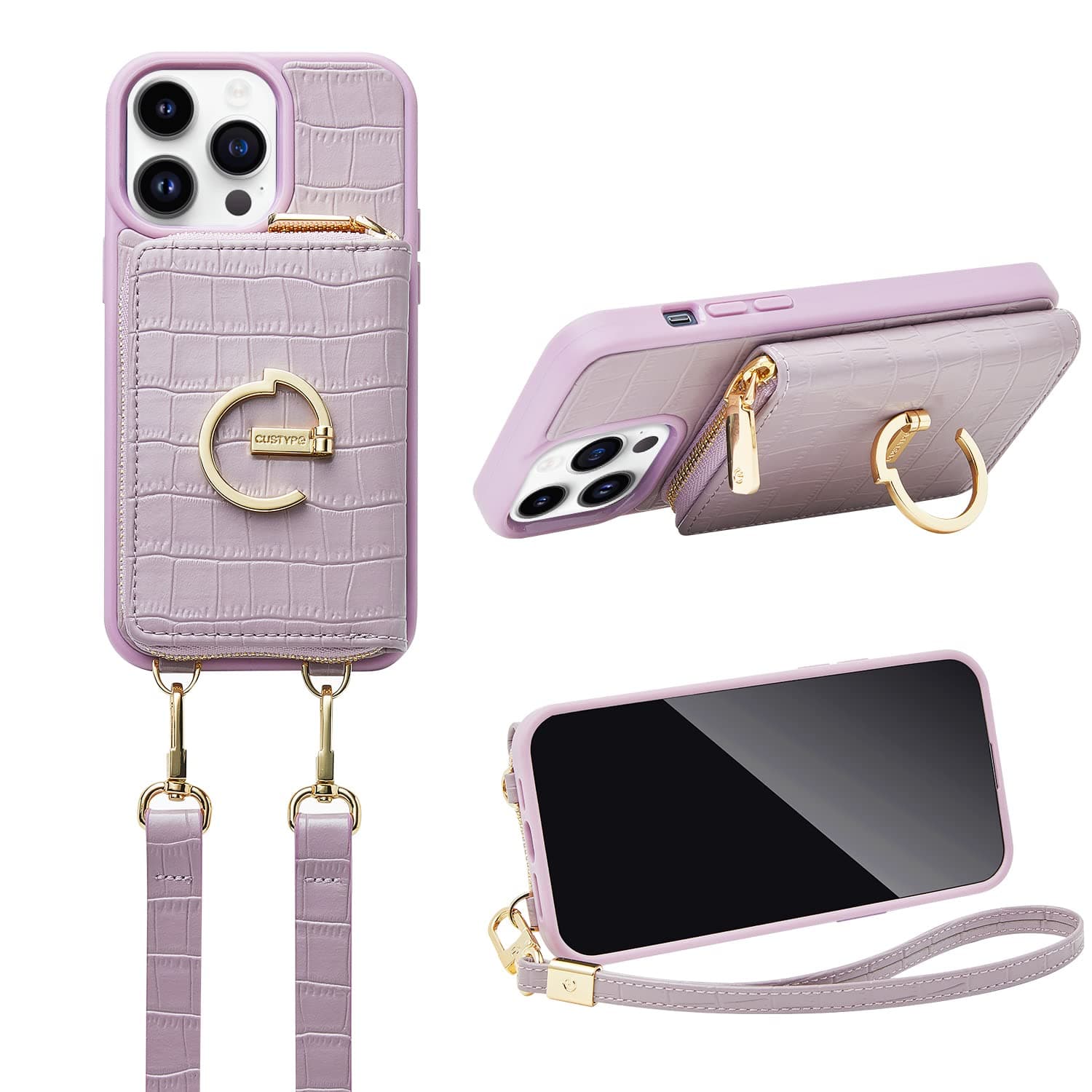 CUSTYPE for iPhone 14 Pro Case Wallet with Card Holder for Women, Crossbody Zipper Phone Case with Strap Wrist, Protective Leather Case Purse with Ring for Apple iPhone 14 Pro 6.1inch, Purple