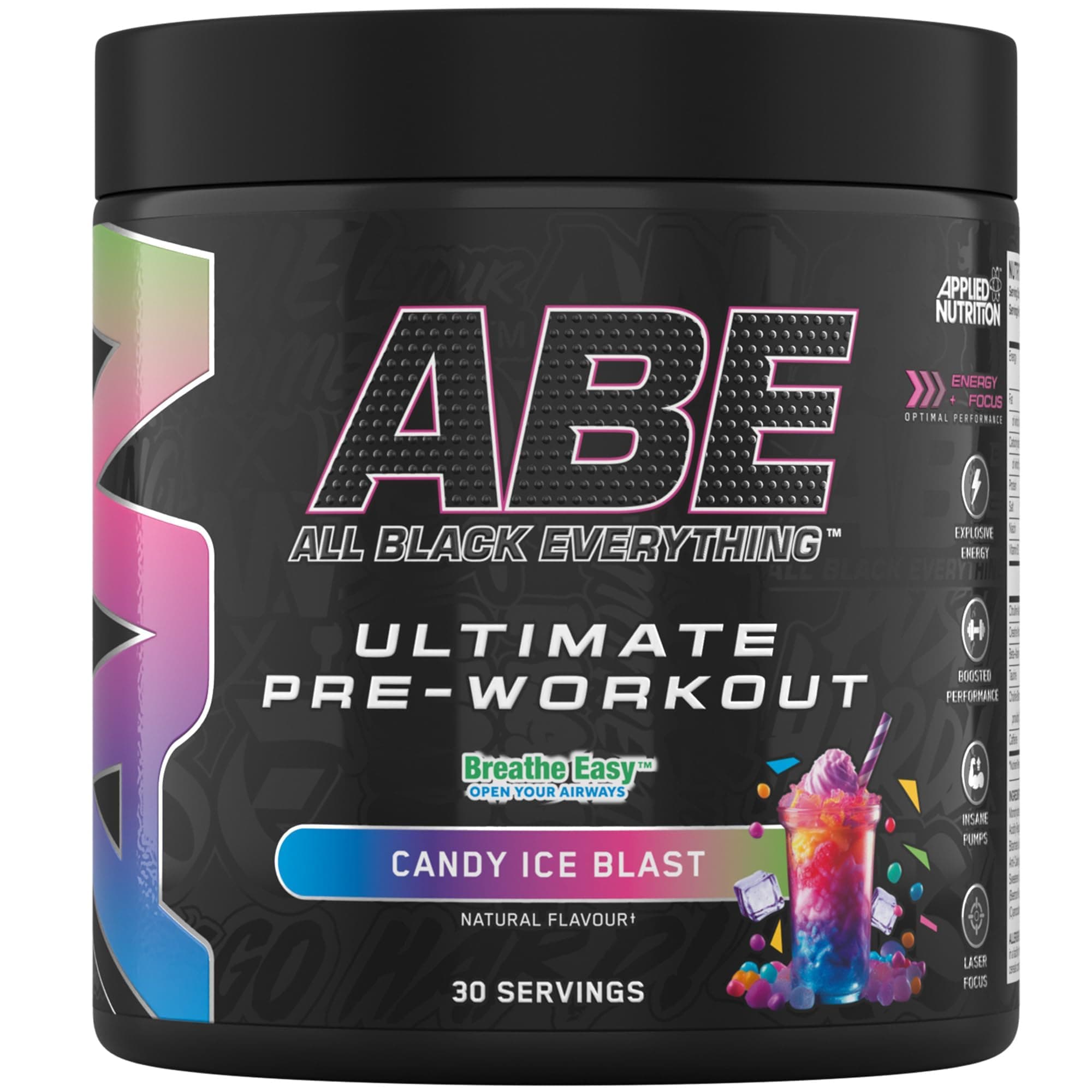 – Applied Nutrition ABE Pre Workout - All Black Everything Pre Workout Powder, Energy & Physical Performance with Citrulline, Creatine, Beta Alanine (375g - 30 Servings) (Candy Ice Blast)