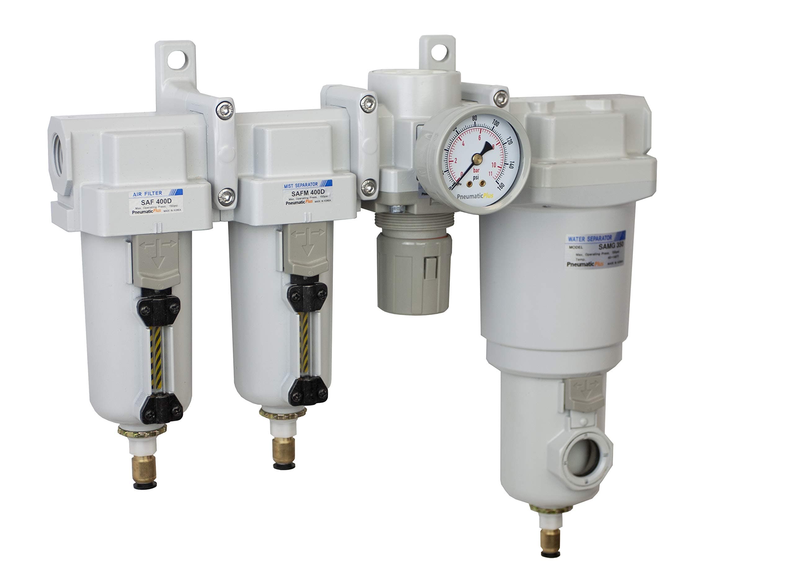 PneumaticPlus SAU470-N04DG-MEP 4 Stage Compressed Air Drying System - Particulate Filter, Coalescing Filter, Pressure Regulator & Water Separator, 1/2" NPT - Auto Drain, Metal Bowl for compressor