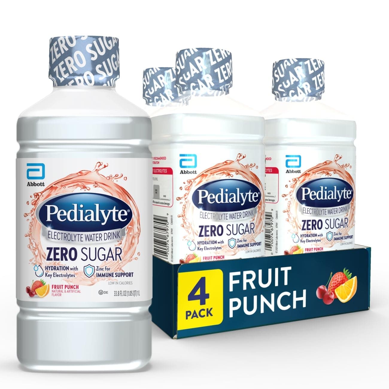 Pedialyte Electrolyte Water with Zero Sugar | Hydration with Key Electrolytes | Great Hydration Low in Calories | Fruit Punch, 1 Liter, Pack of 4
