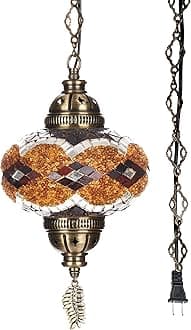 DEMMEX Authentic Turkish Mosaic Plug-in Swag Pendant Light Fixture, Large 6.5" Globe – Moroccan Hanging Ceiling Lamp - 15ft Cord & Chain, US/CA Plug, Exotic Mediterranean Decor, Handmade (Brown Black)