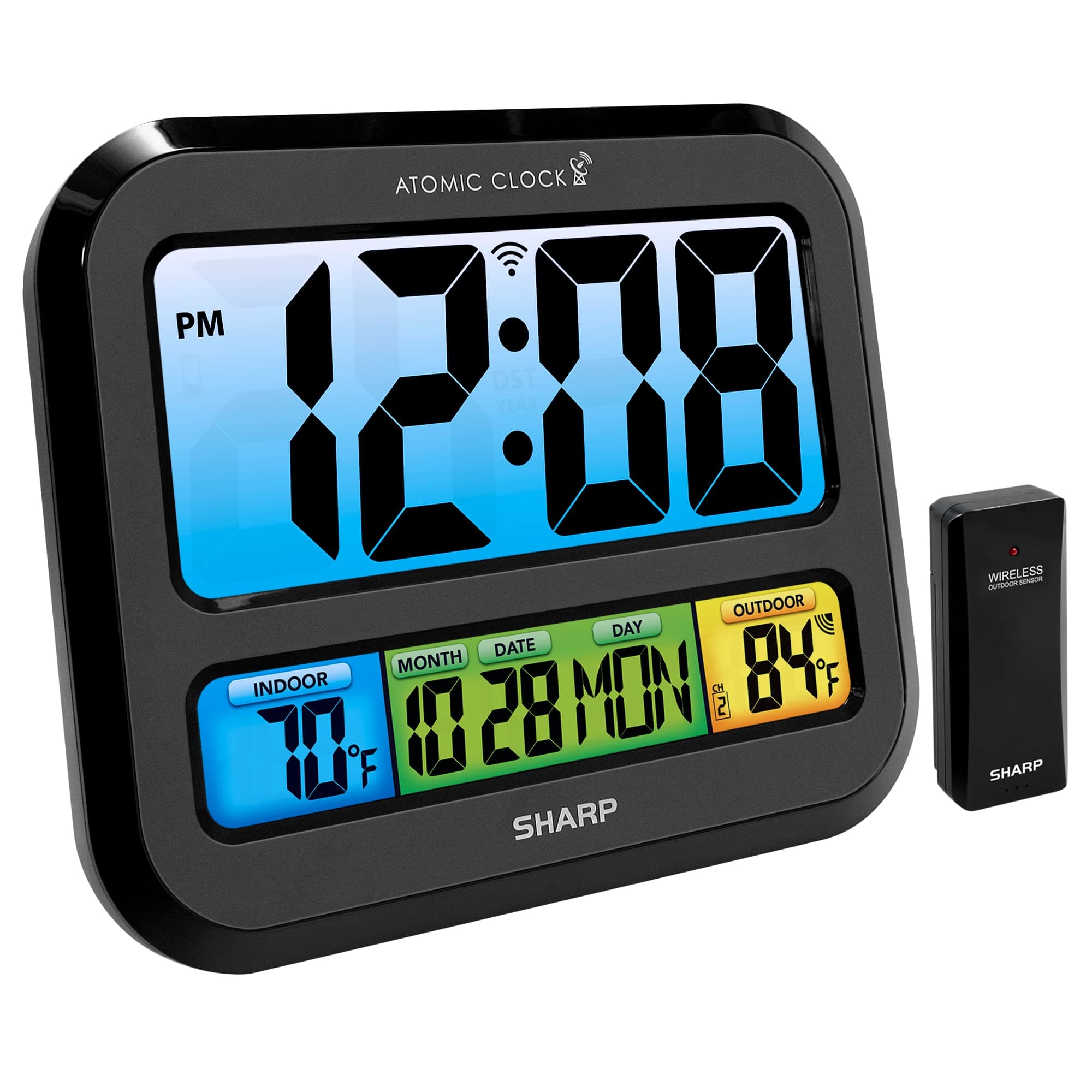 Atomic Clock with Large Bright Color Display, Atomic Accuracy, Jumbo 3" Easy to Read Numbers - Indoor/Outdoor Temperature Display with Wireless Outdoor Sensor