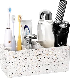 Luxspire Toothbrush Holder for Bathroom, 5 Slots Bathroom Counter Organizer Toothbrush and Toothpaste Holder, Bathroom Accessories for Restroom Bathroom, Terrazzo