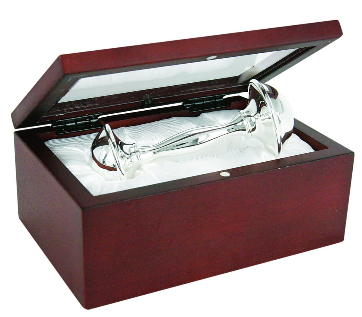 Satin-Lined Rosewood Keepsake Box with 4" Silver Plated Keepsake Rattle