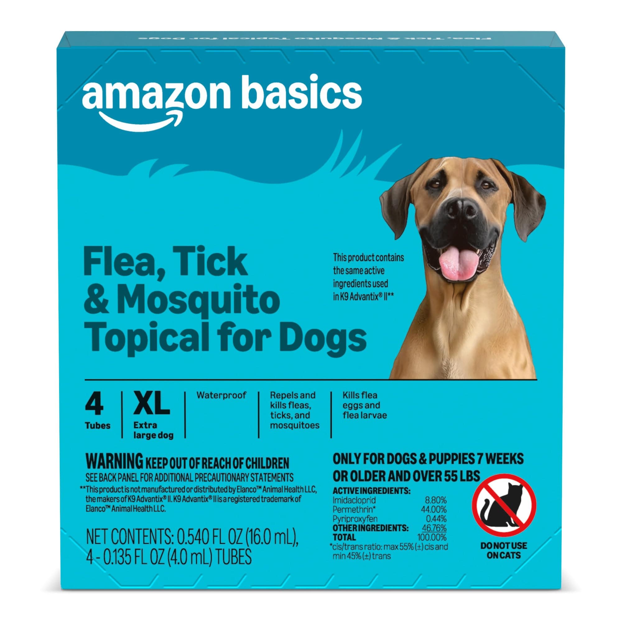 Amazon Basics Preventative Flea, Tick & Mosquito Topical Treatment for X-Large Dog (Over 55 Pounds), 4 Count, Packaging May Vary