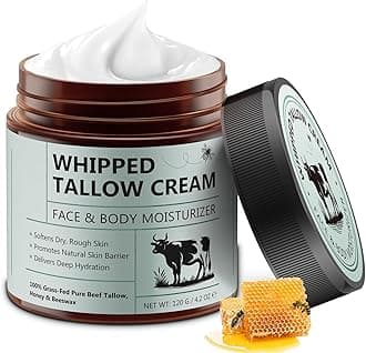 Beef Tallow for Skin, Tallow and Honey Balm (4.2 Oz), Tallow Face Moisturizer, Organic Grass Fed Whipped Beef Tallow with Honey Beeswax, Deeply Moisturizing for Face & Body, Unscented Fast Absorption