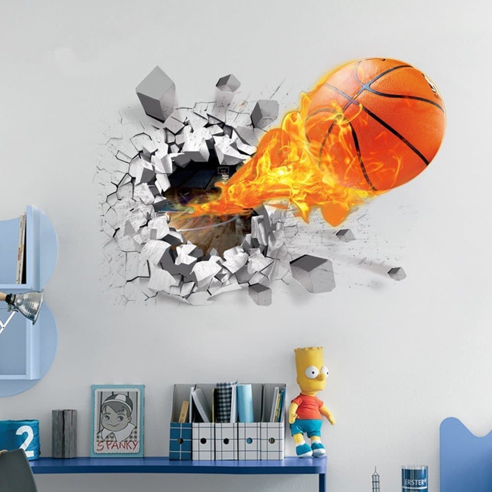 Auvs 3D self-adhesive removable break-through-the-wall vinyl wall sticker, art cecor Nter Feuer - Basketball (50cm * 70cm)