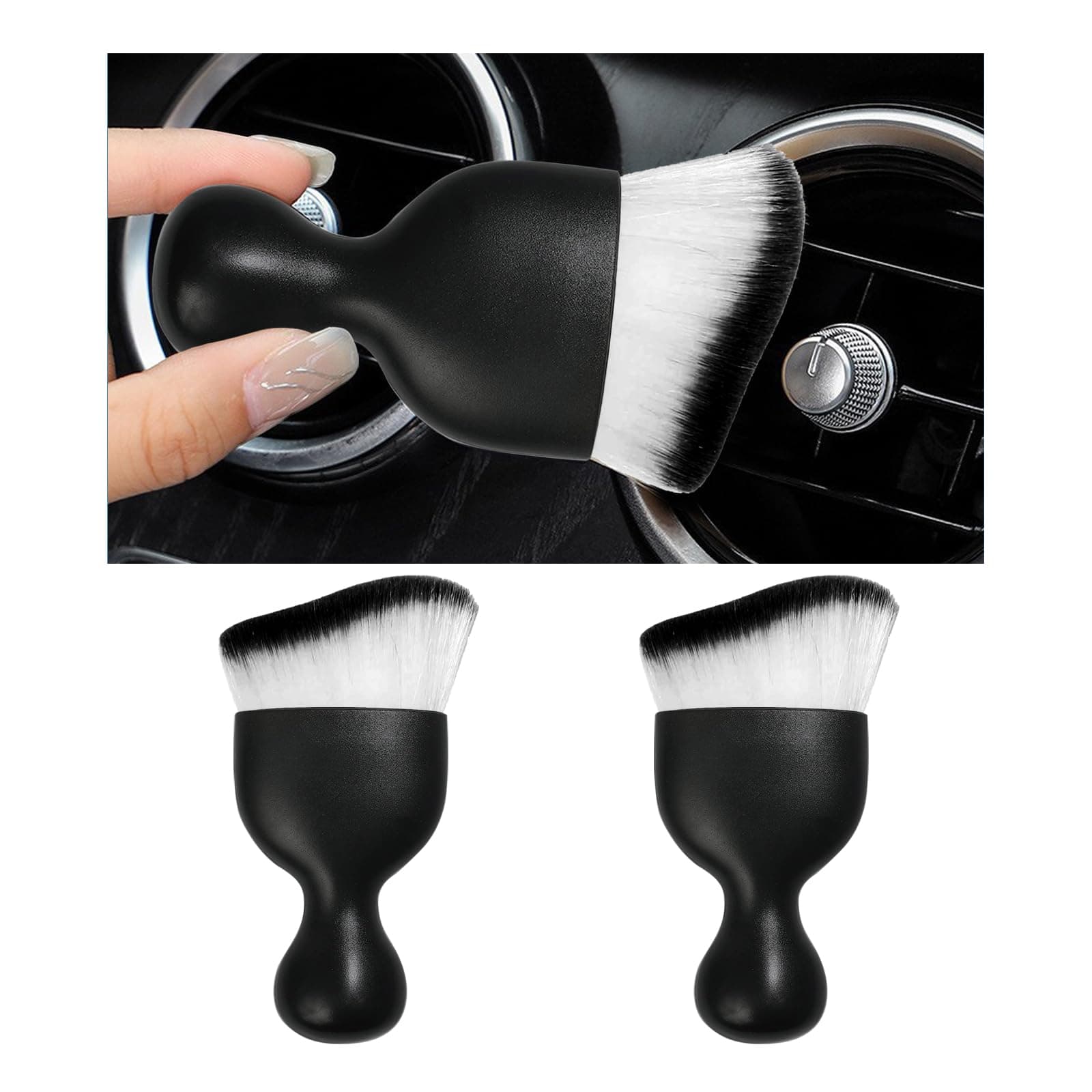 2PCS Car Interior Dust Brush, Soft Scratch Free Auto Detailing Brushes, Universal Vehicle Interior Cleaning Tool for Automotive Dashboard, Air Vents, Leather (White & Black)