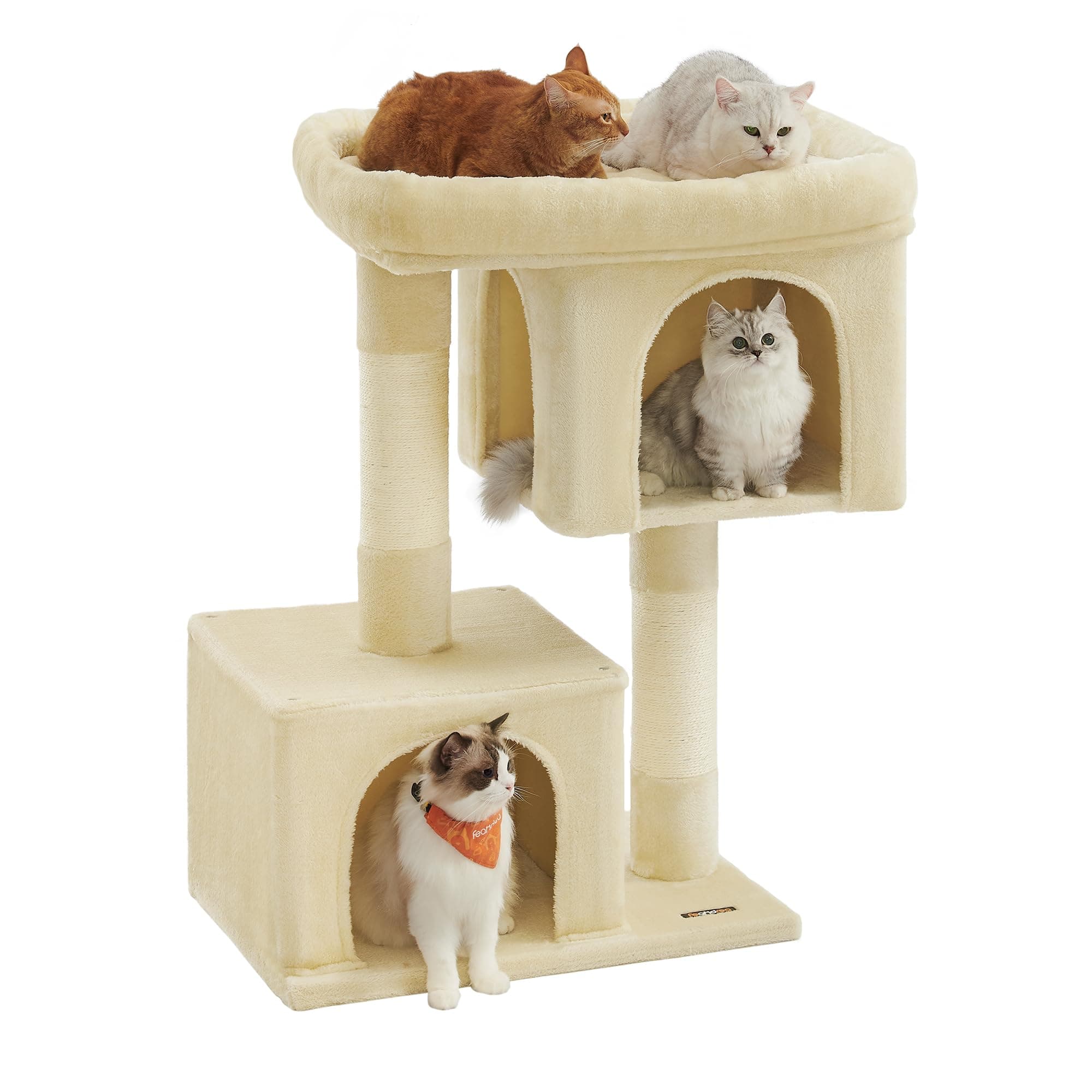 Feandrea Cat Tree, 40.6-Inch Cat Tower, Plush Condo for Extra Large Cats up to 44 lb, Large Perch, 2 Caves, Scratching Post, Beige UPCT614M01