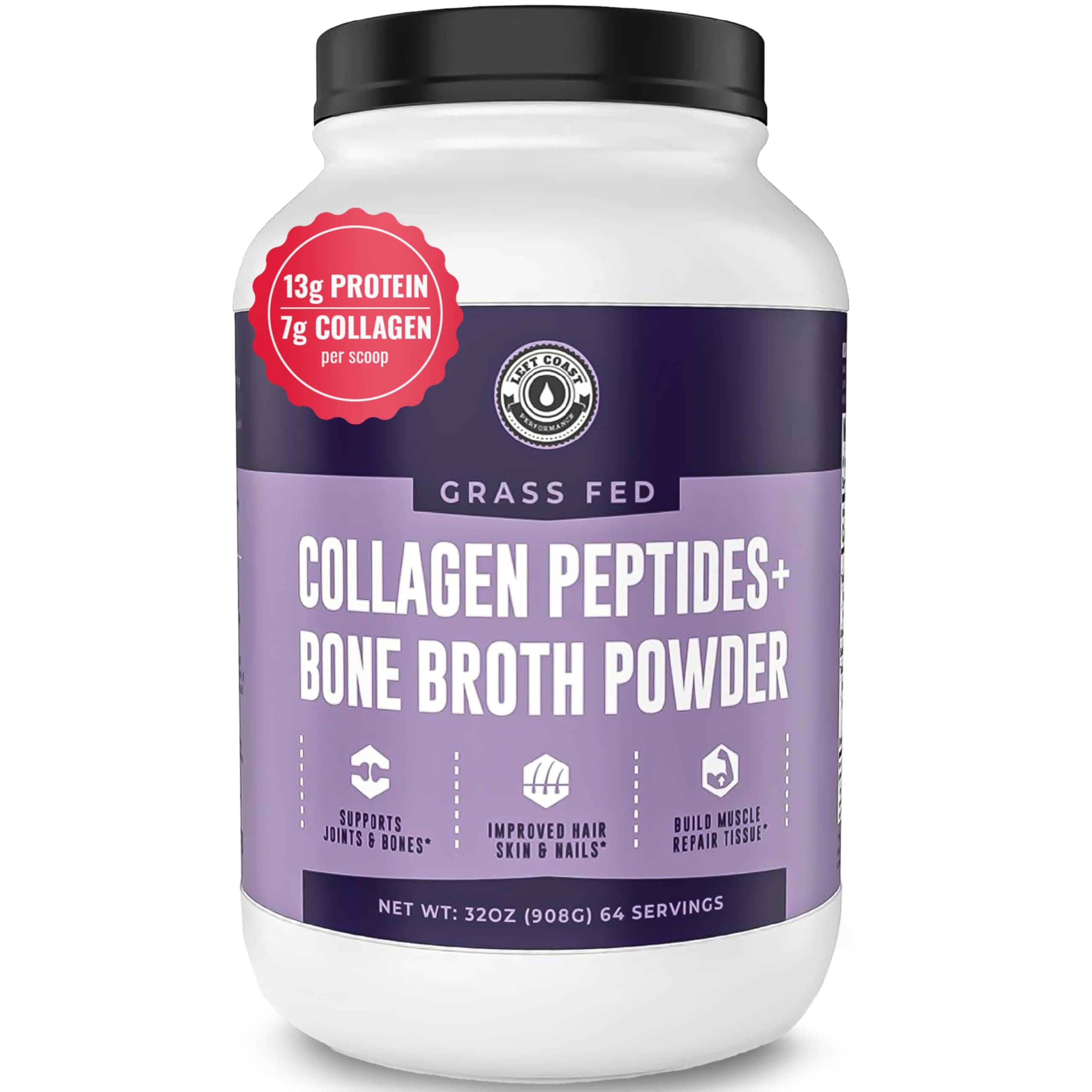 Collagen Bone Broth Powder 2lb, Bone Broth with Grass Fed Collagen Peptides. Unflavoured, Grass Fed, Hydrolyzed Beef, Zero Carb, Dairy Free Protein Powder. 64 Servings,