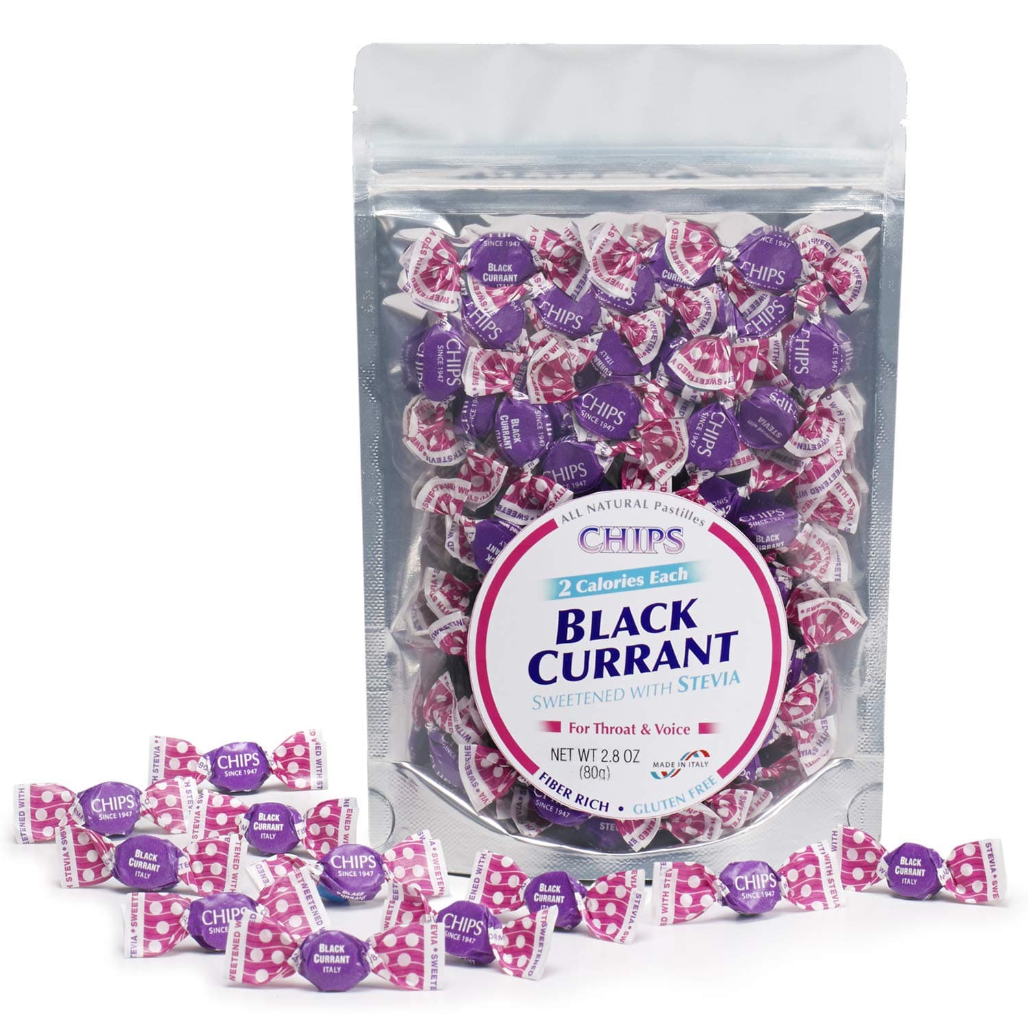 Chips BLACK CURRANT with STEVIA, 65 Ct. “Pocket” Pouch - Classic Italian Pastilles