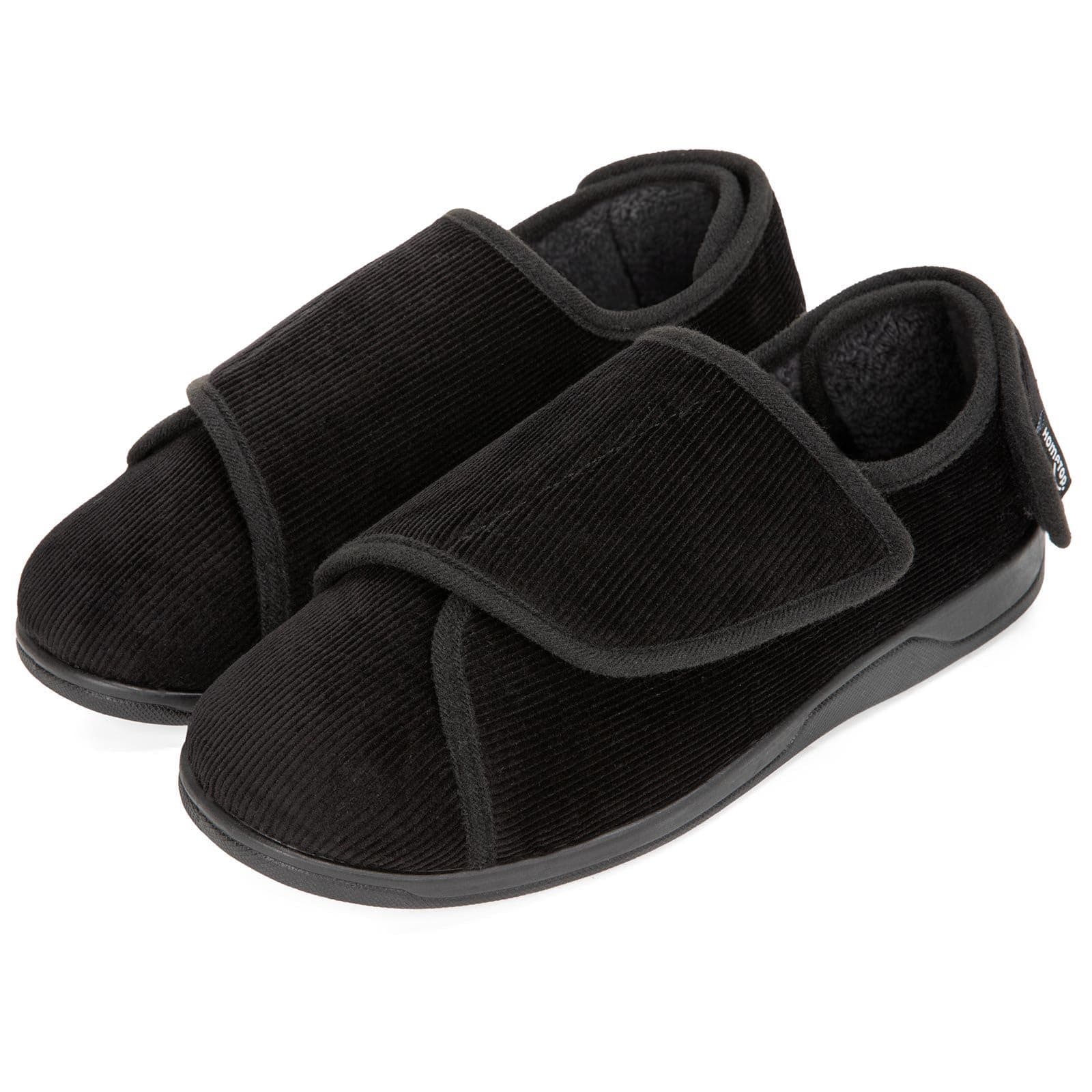 Men's Wide Fit Corduroy Slippers, Adjustable Hook & Loop with Memory Foam for Indoor Comfort