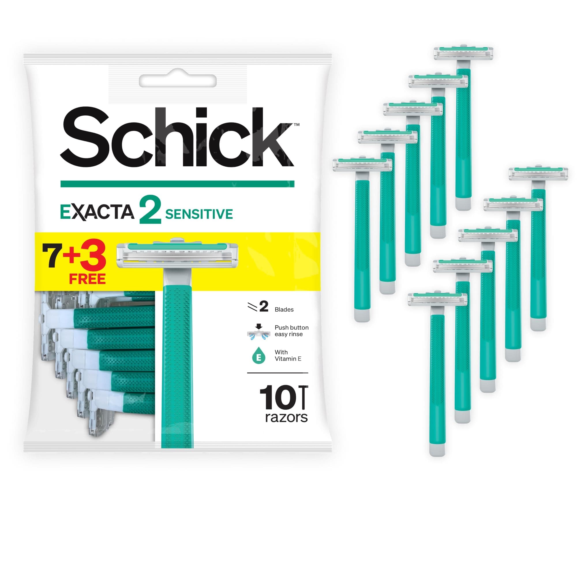 Exacta2 Sensitive Twin Blade Disposable Razor For Men-Strip Enriched With Vitamin E & Aloe-Vera-Close & Smooth Shave-Push Clean Button-Slim Head-Non Slip Comfortable Rubber Grip- 7+3 Razors
