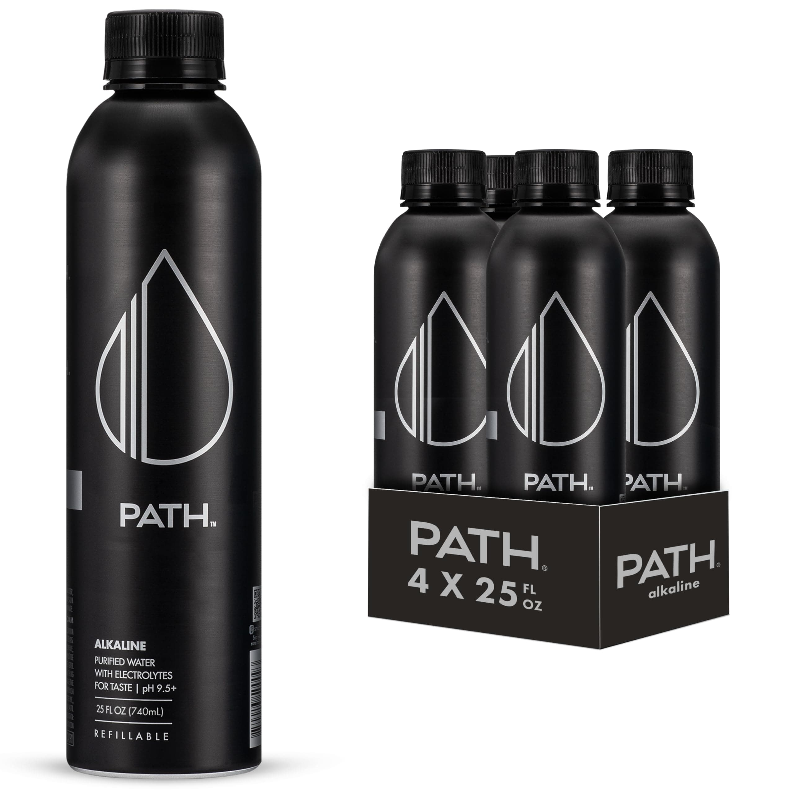Path Alkaline Bottled Water - 9.5 pH-Balanced Purified Water with Electrolytes in Aluminum Bottle - BPA-Free, Reusable, Infinitely Recyclable - Pure, Crisp, Refreshing Taste 25 fl oz (Pack of 4)