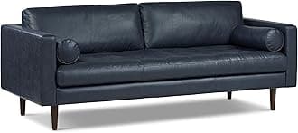 - Poly & BARK Napa 88.5" Leather Sofa – Full-Grain Italian-Tanned Aniline Leather, Feather-Down Comfort, Solid Wood Frame, Walnut Legs, Midnight Blue