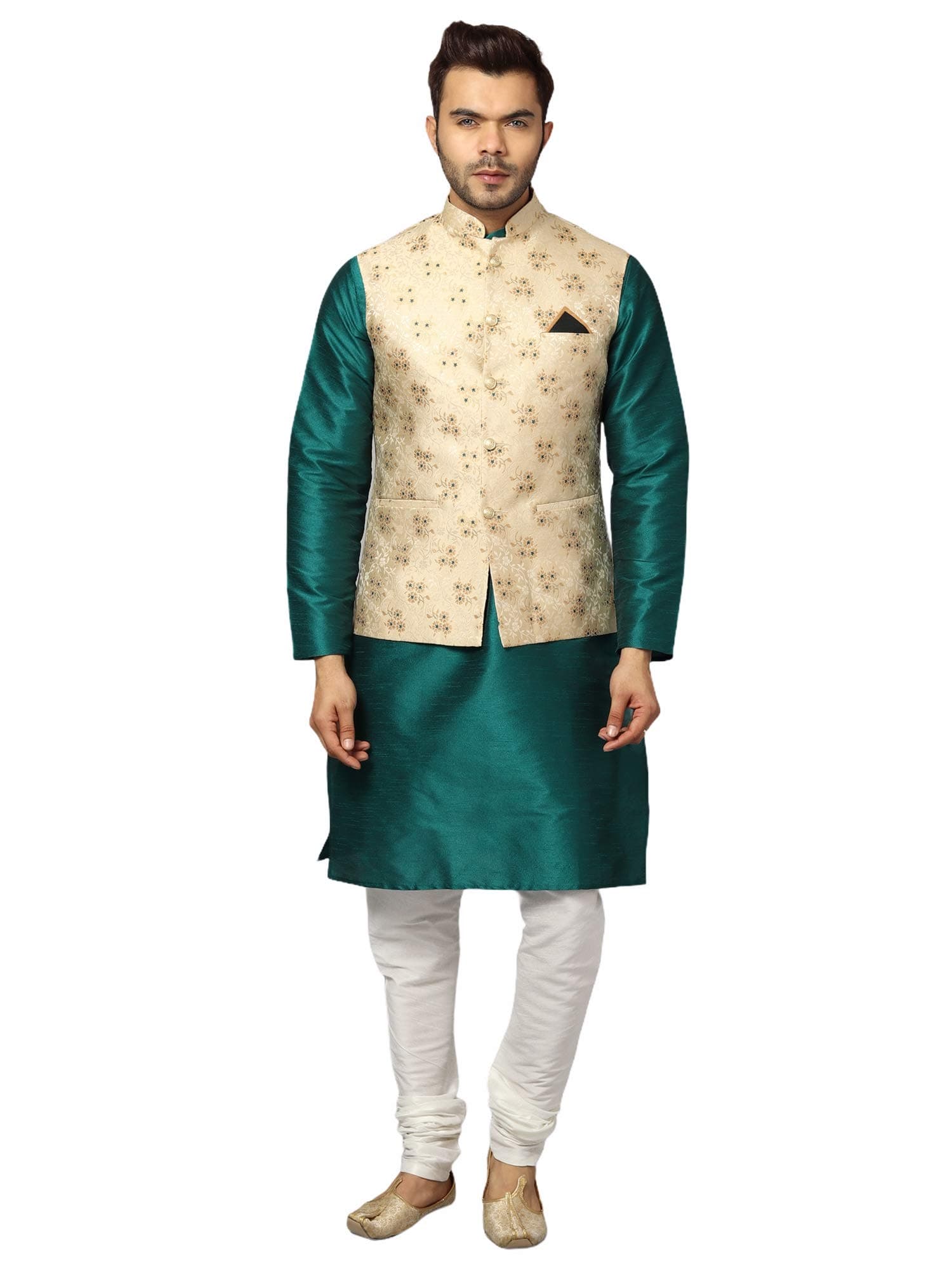 Ethluxis® Men's Silk Blend Kurta Churidar Pyjama with Ethnic Bundi Jacket Set