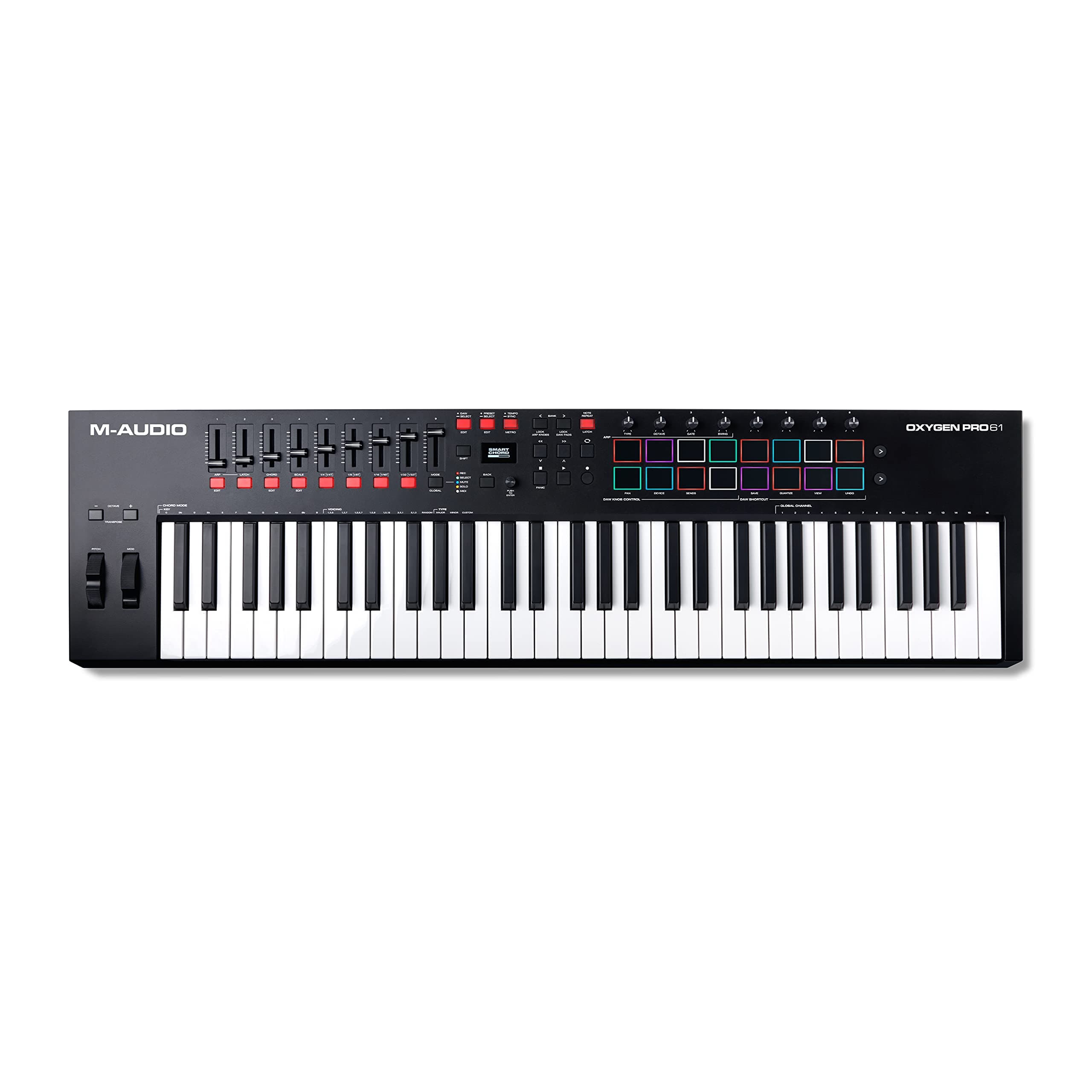 M-Audio USB MIDI Keyboard Controller 61 keys Velocity-sensitive Pads Native Instruments Sound Package Included (NKS Integrated) MIDI Assignable Knobs, Buttons, and Faders Included Comes with Abundant