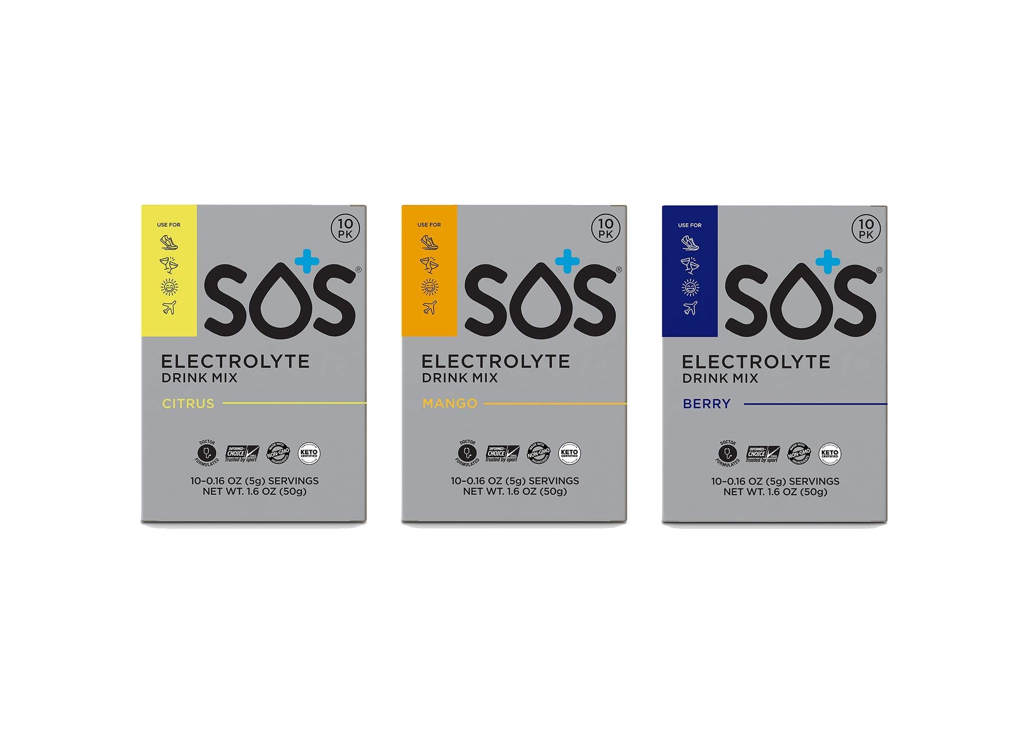 SOS Hydration Electrolyte Replacement Powder Drink Mix Stick Packets- Variety Pack (30 Count)