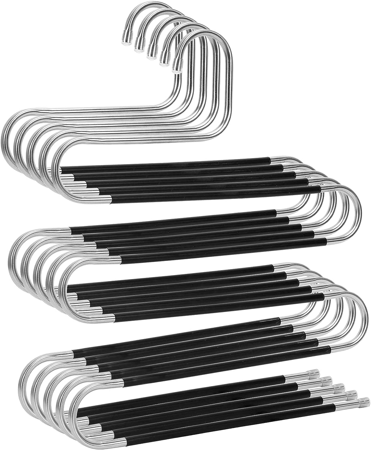 Swift 5 Pack Pants Hangers - Space Saving, Non-Slip S-Shape Trousers Hangers, Black Stainless Steel Clothes Hangers for Jeans, Scarves, Leggings, Skirts, and Ties