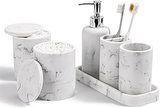 Bathroom Accessories Set, 6-Piece Bathroom Accessory Set, Toothbrush Holders Set, Soap Dispenser, Vanity Tray, Tumbler, Cotton Swab Jars, Bathroom Organizer for Modern Bathrooms (Marble White)