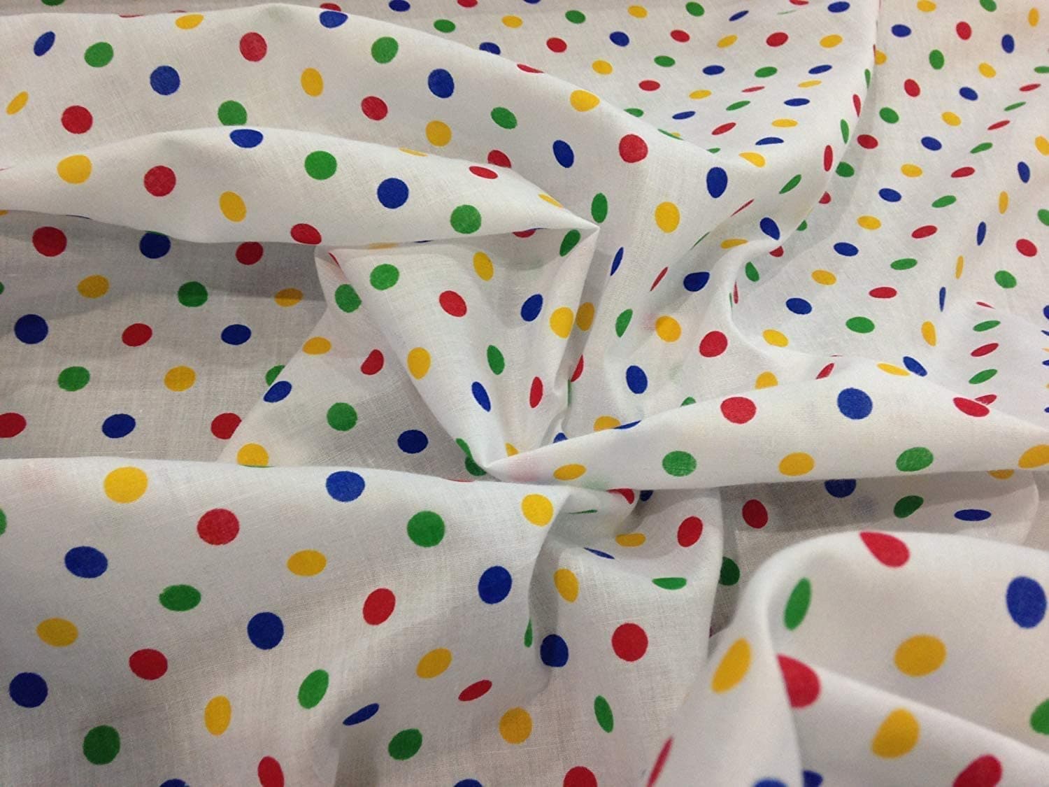 White Polycotton Fabric with Small Multicoloured Primary Spot (Per Metre)