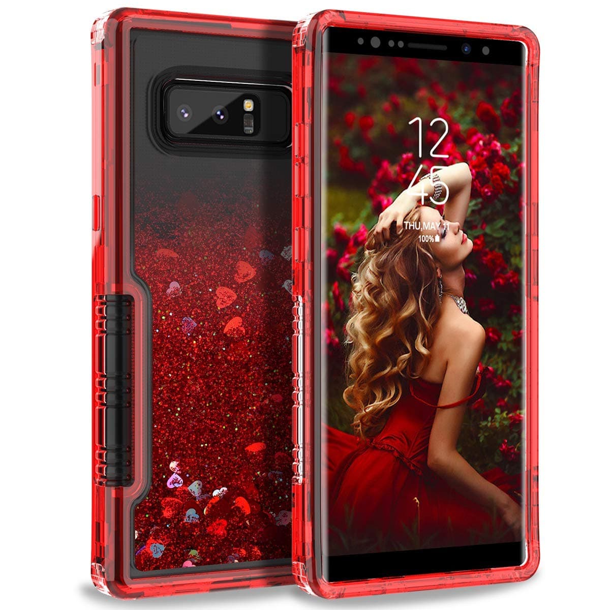 for Samsung Galaxy Note 9,YCXBOX Floating Glitter Bling Moving Liquid Quicksand Hard Clear Transparent Dual Layer Full Protection Bumper Hybrid Shockproof Case Cover (Red)