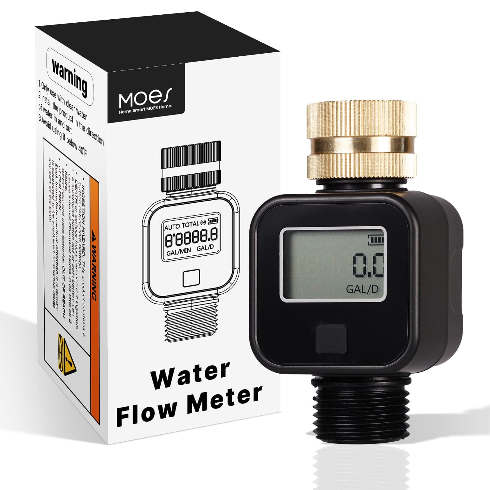 MOES Water Flow Meter with Brass Inlet Metal Thread, Timer Measure Gallon/Liter Consumption and Flow Rate for RV Water Tank Filling, Outdoor Garden Hose Watering, Lawn Sprinkler and Nozzle Sprayer