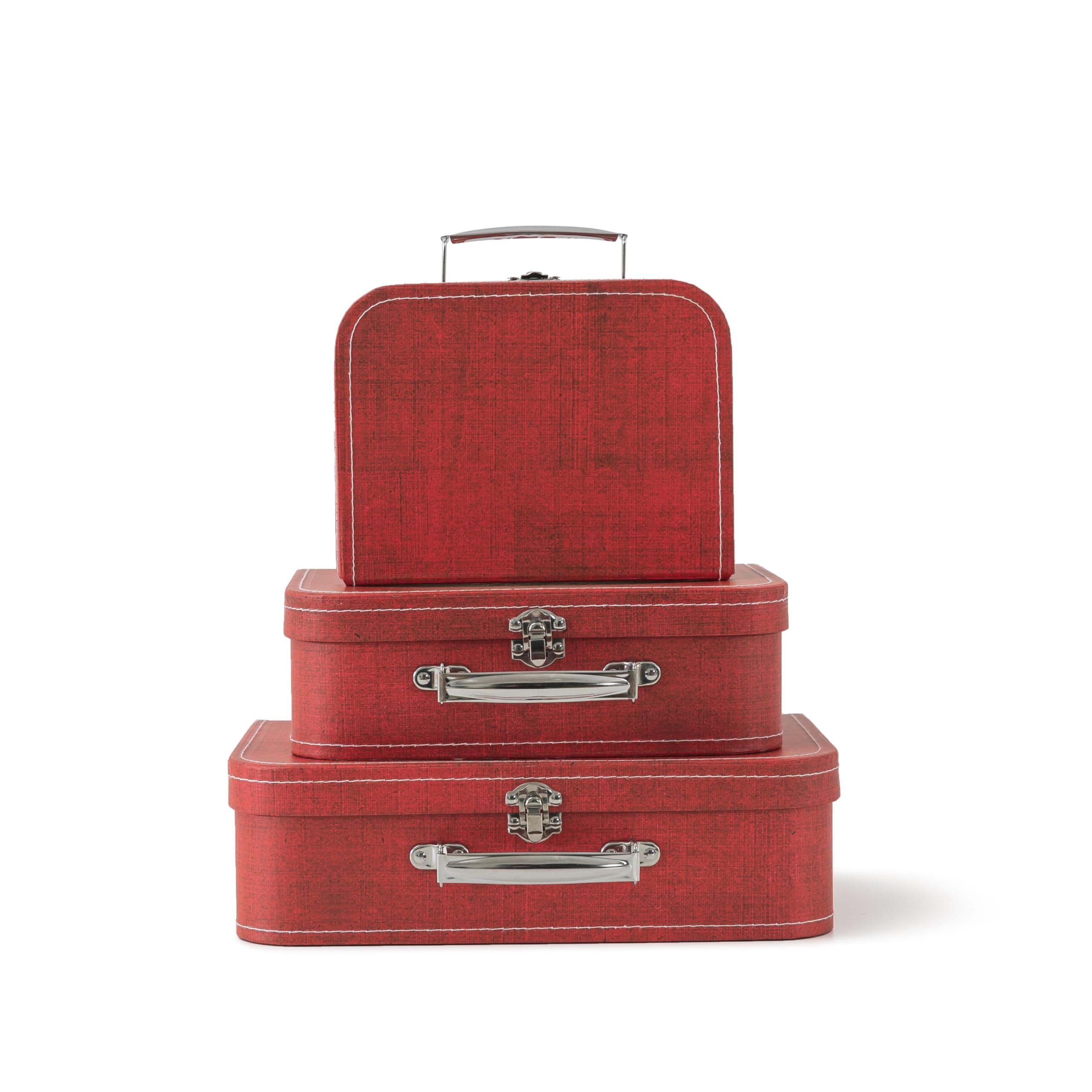 SLPR Cardboard Suitcase Boxes with Handle (Set of 3, Distressed Red) | Paperboard Boxes with Lids for Wedding Decoration Birthday Parties