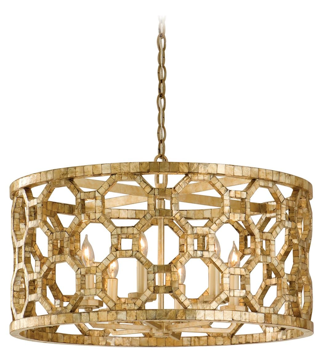 Stained Silver Leaf Regatta 6 Light Drum Chandelier with Hand Crafted Iron Frame and Smoked Capiz Shell Mosaic Plating