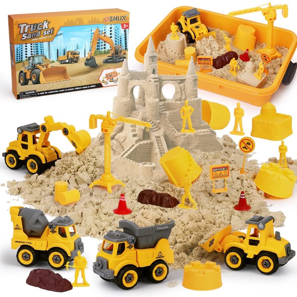 Play Sand Construction Set, Beach Building Castle Kit w/ 2.2lbs Play Sand, 4 Take Apart Construction Trucks Toys and Signs, Sensory Sandbox with Cover for Boy Girl Kid Toddlers Age 3-8