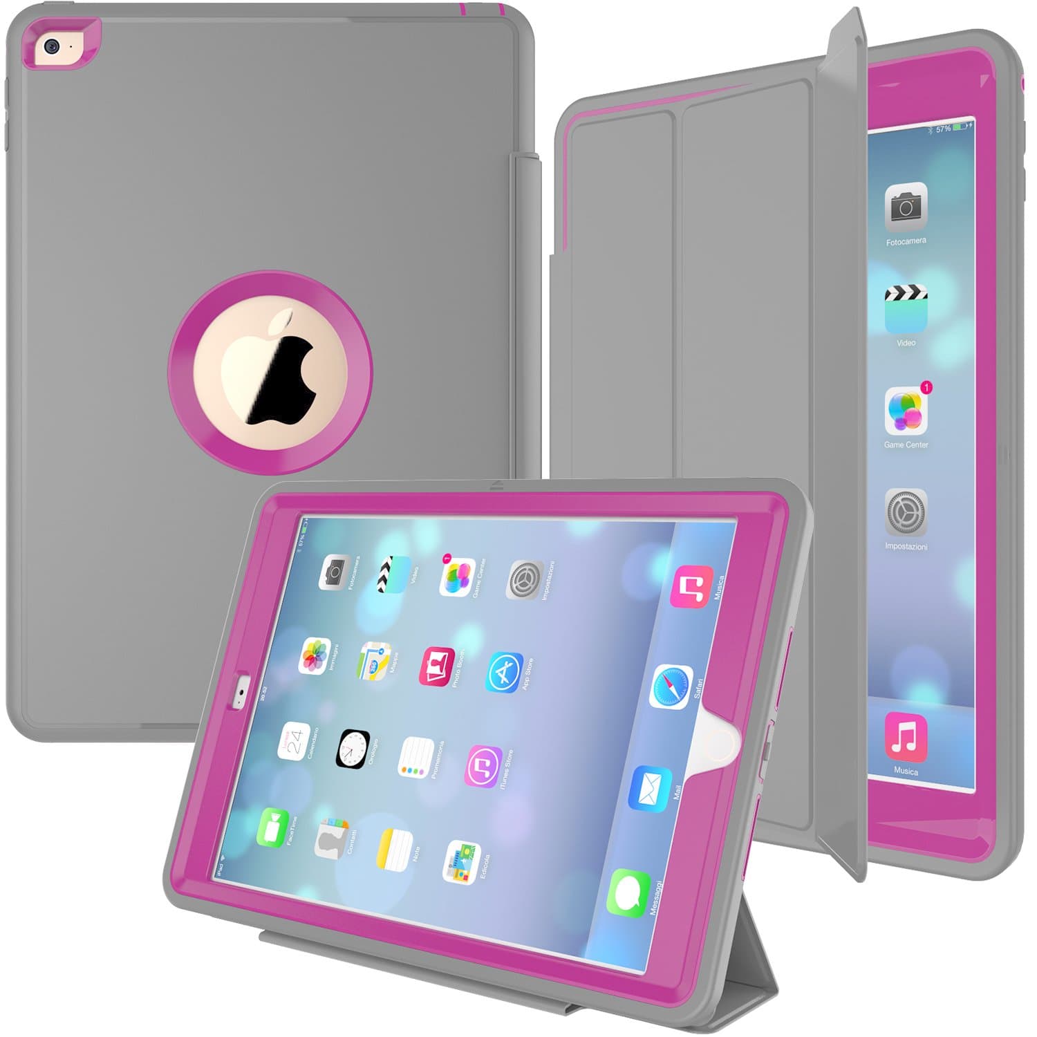 iPad Air 2 case, Smart Case HEAVY DUTY EXTREME Protection/Rugged Slim Dual Layer Protective Cover With Standing 3 in 1 for iPad Air 2 (2014-2016) - Color (Gray+Hot Pink)